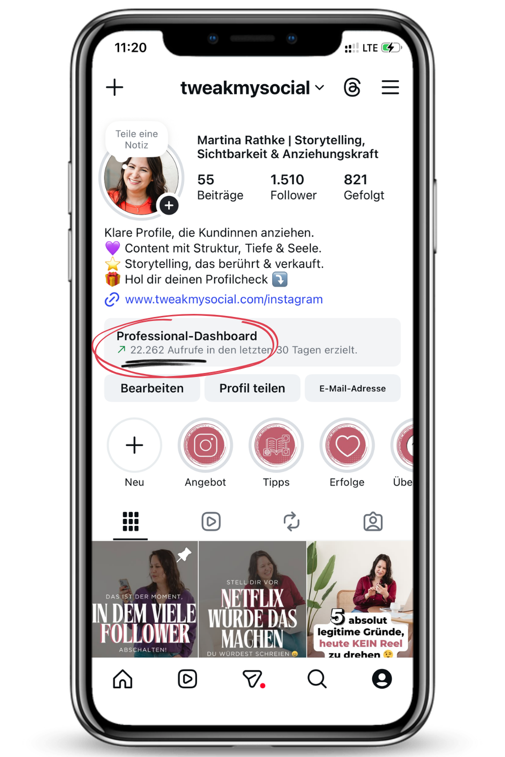 Screenshot vom Instagram Profil von Martina Rathke in der Handyansicht