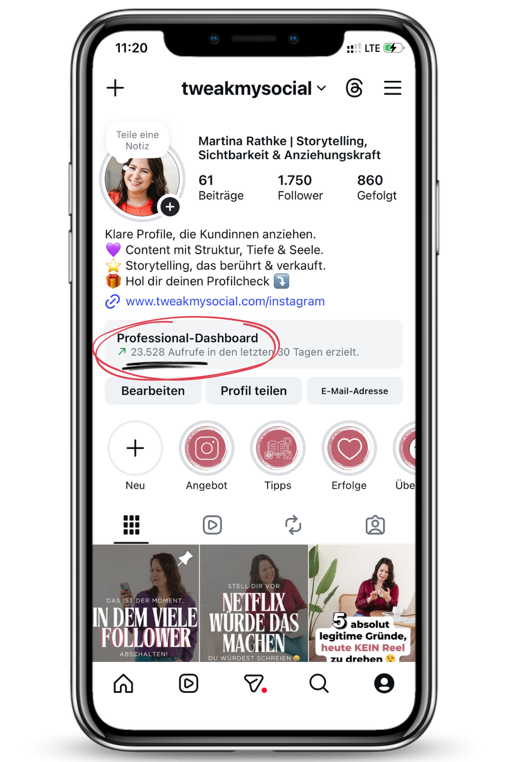 Screenshot vom Instagram Profil von Martina Rathke in der Handyansicht